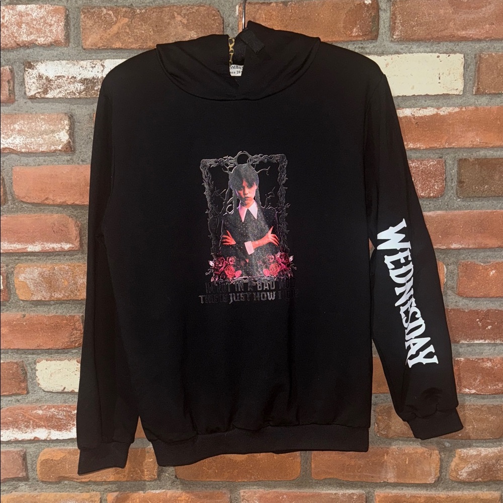 Black Hoodie with Graphic and Sleeve Text